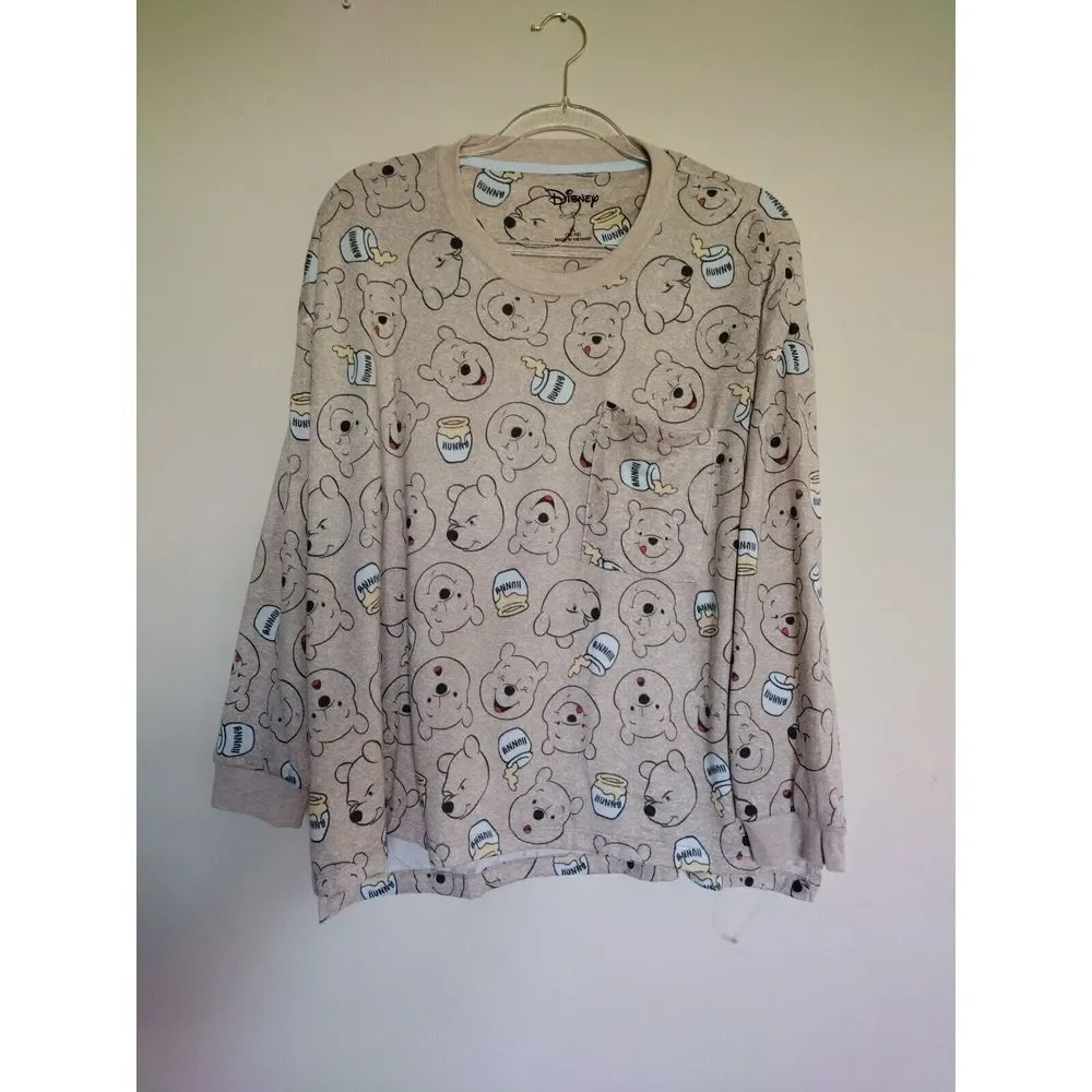 Disney Pajama Set Women XL Tan Winnie the Pooh Lightweight Long Sleeve Crew Neck - Picture 2 of 10